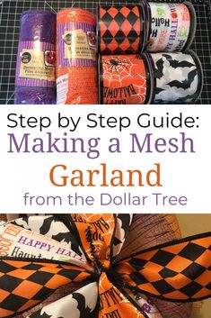 the step by step guide to making a mesh garland from the dollar tree for halloween