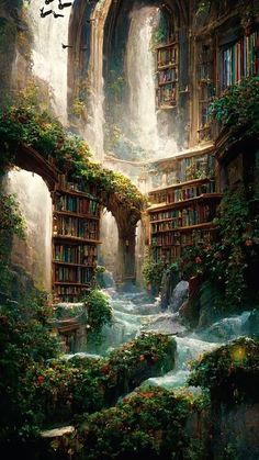 an image of a waterfall in the middle of a bookcase with books on it