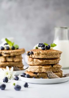 Fluffy Healthy Blueberry Pancakes made with whole wheat flour, naturally sweetened and vegan! The best thick pancake recipe I've ever made, filled with bursting blueberries and perfectly sweet. Great for weekend brunch! Thick Pancake Recipe, Thick Pancakes, Healthy Blueberry Pancakes, King Arthur Gluten Free, Greek Turkey, Blueberry Pancakes Recipe, Vegan Pancake Recipes, Turkey Meatball, Bbq Meatballs