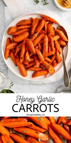 honey garlic carrots on a white plate with the title above it and an overhead photo