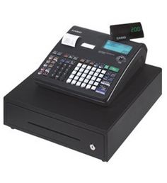 an electronic cash register sitting on top of a black box with a credit card slot