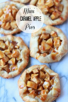 mini caramel apple pies on a marble countertop with the title overlay