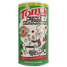 tony's crocking seasoning can with an image of a cartoon character on it