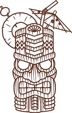 a drawing of a tiki mask with an umbrella and two swords on top of it