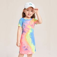 Cute Bright Tie Die Dress Ty Dye, Casual T Shirt Dress, Shein Kids, Tie Dye Outfits, Girls Tie, Mini Dresses Online, Tie Dye Shorts, Short Sleeve Mini Dress, Tie Dye Dress