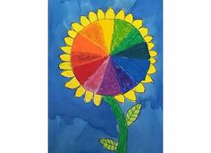 a drawing of a sunflower with a rainbow wheel on it's center piece