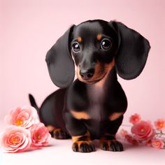 a small black and brown dog sitting next to pink flowers