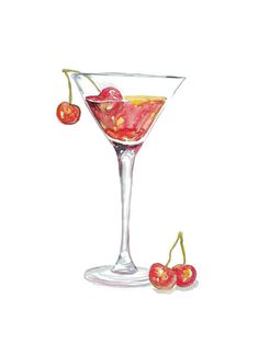 a painting of a martini with cherries in it