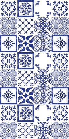 a blue and white tile pattern with many different designs on the tiles, including an abstract design