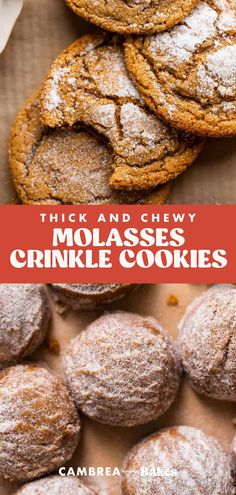 thick and chewy molassses crinkle cookies with powdered sugar on top