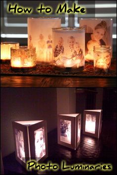 some candles are sitting on a table with pictures in them and the words how to make photo luminaries