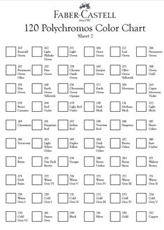 the color chart for paper castle's polychromos color chart is shown in black and white