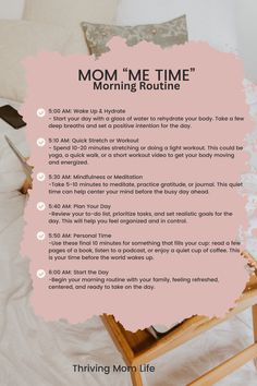 An idea (or inspirational) morning routine for moms who need more time for self care! Woman Morning Routine, Busy Mom Morning Routine, Morning Routine For Moms, Morning Self Care, Mom Morning Routine, Self Care Morning Routine, Cleaning Lists, Mom Self Care, Working Mom Routine