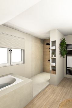 an empty bathroom with a bathtub, toilet and shelves on the wall next to it