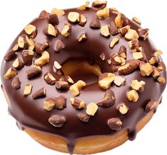 a chocolate frosted donut with nuts on top