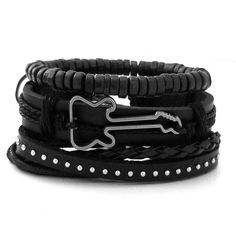 Music is your life and this multilayer guitar bracelet set complements your love for music. The multiple layers give it a very unique look. The all black bracelets are versatile and can be worn with any of your outfits. You can wear the bracelets together as a set or each one separately to create a different everyday. Every set is handmade with care. Product Information Set comes with 3 bracelets Material: faux leather Chain Type: rope chain Metals Type: alloy Clasp Type: lace-up Length: about 6 Cheap Adjustable Punk Bracelets, Black Band Wristband For Concerts, Casual Black Bracelets For Festival, Black Punk Festival Bracelets, Black Punk Bracelets For Festival, Black Rock Style Bracelets For Festival, Black Rock Style Wristband For Concerts, Black Rock Wristband For Concerts, Edgy Black Festival Bracelet