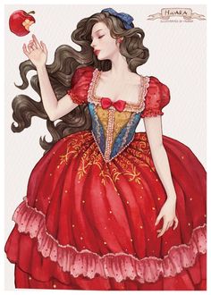 a drawing of a woman in a red dress holding an apple