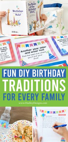 kids are reading books and eating cake with the words fun diy birthday traditions for every family