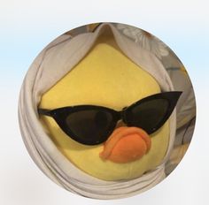 a close up of a stuffed animal with sunglasses on it's face and a scarf around its neck