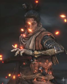 the character is holding two swords in one hand and fire coming out of his mouth