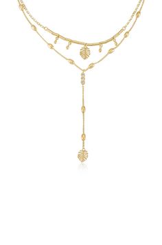 Under the Palms Layered Lariat Necklace Gold Layering Necklaces, Beachy Necklace, The Palms, Diamond Charm, Gold Necklace Layered, Leaf Necklace, Coin Necklace, Lariat Necklace, Palm Leaf