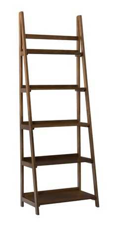 a wooden ladder shelf with three shelves on each side