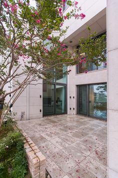 an empty courtyard with pink flowers on the ground and trees in front of it,