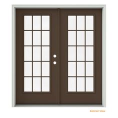 the front door is brown and has two glass panels on each side, with one side panel