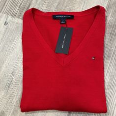 Red Tommy Hilfiger V-Neck Sweater Regular Classic Fit Embroidered Logo On Chest 100% Cotton Nwt- Shipping From A Smoke And Pet Free Home Classic Red V-neck Sweater, Red V-neck Sweater For Spring, Tommy Hilfiger V-neck Winter Top, Fitted Red V-neck Sweater, Tommy Hilfiger V-neck Tops, Red Cotton V-neck Sweater, Red V-neck Sweater For Work, Tommy Hilfiger Fitted V-neck Tops, Fitted Tommy Hilfiger V-neck Tops