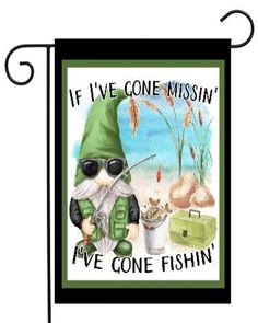 a garden flag with an image of a gnome fishing