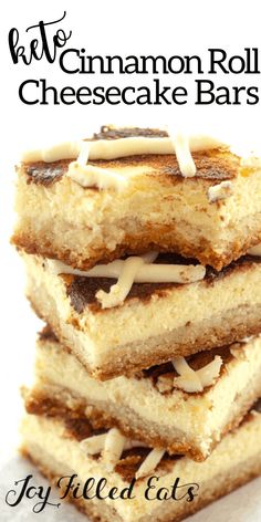 the cinnamon roll cheesecake bars are stacked on top of each other