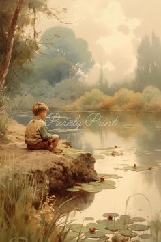 a painting of a boy sitting on the edge of a lake