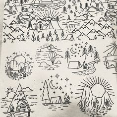 a drawing with mountains and trees in the background is drawn by hand on white paper