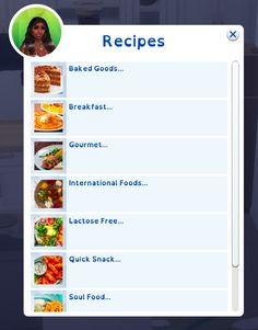 the menu for an app with pictures of food and drinks on it's screen