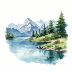 a watercolor painting of mountains, trees and a lake in the foreground with blue sky