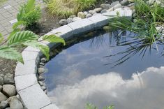 a small pond surrounded by rocks and plants with clouds in the sky reflected in it