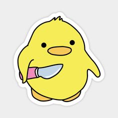 a sticker with an image of a yellow chick holding a knife in it's mouth