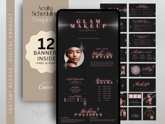 the front and back cover of a makeup product brochure with an image of a woman's face on it