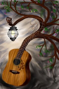 an acoustic guitar sitting under a tree next to a lamp