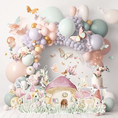 an image of a mushroom house surrounded by balloons