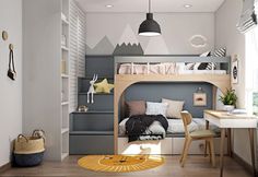 a child's bedroom with bunk bed and desk