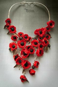 Lampwork Necklace, Necklace Beads, Lampwork Glass Beads, Floral Jewellery, Handmade Beads, Fabric Jewelry, Red Poppies, Flower Jewellery, Flowers And Leaves