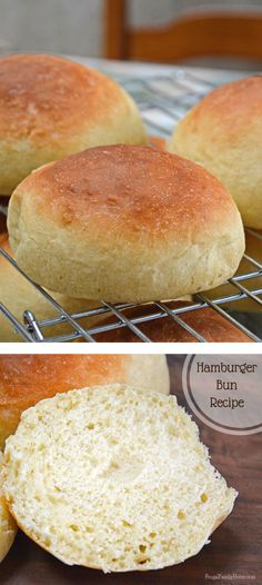 two pictures of bread cooling on a rack and one showing the buns in it