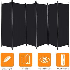 four panel room divider with black fabric panels and orange buttons on the bottom side