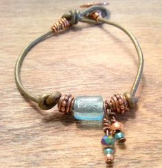 Boho, Boho Jewelry, Leather Bracelet, Bracelet, Beach, Wave, Bronze, Patina, Mermaid, Ocean, Beach Glass - Etsy Leather Bracelet Ideas, Boho Beaded Bracelets, Leather Bracelet Tutorial, Leather Cord Jewelry, Boho Jewelry Diy, Leather Jewelry Diy, Leather Cord Bracelets, Leather Jewellery, Beach Wave