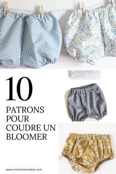 four different shorts hanging on clothes pins with the words 10 patrons pour coupe un bloomer