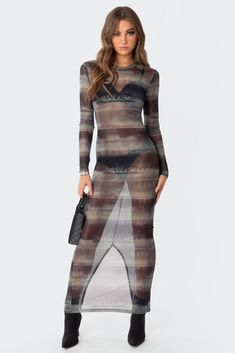 Maxi dress Sheer dress Printed mesh fabric Polyester Model wears size S Model height is 5'8 Item care: Wash with similar color Sheer Bodycon Dress, Sheer Long Sleeve Dress, Mesh Maxi Dress, Sheer Long Sleeve, Outfits 2023, Swimwear Dress, Draped Dress, Sheer Dress, 50's Dress