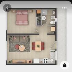 an overhead view of a living room and bedroom in a small apartment, with furniture arranged on the floor