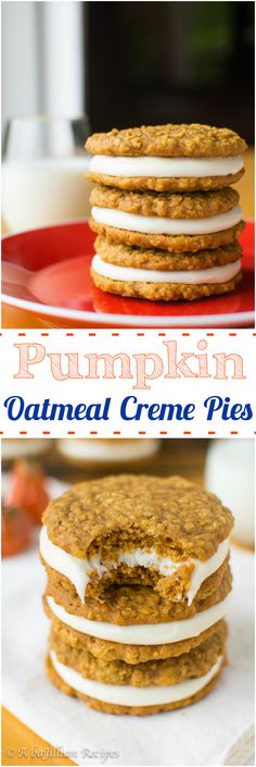 pumpkin oatmeal creme pies are stacked on top of each other