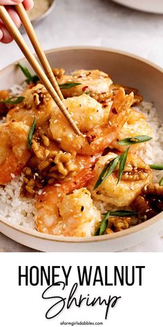 honey walnut shrimp served over rice in a bowl with chopsticks